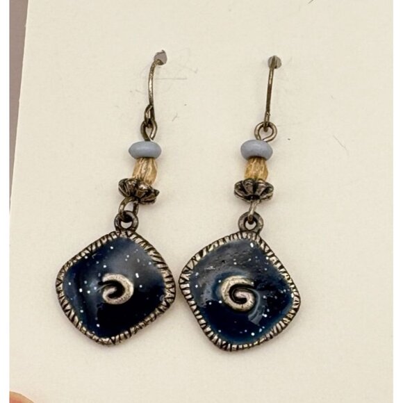 Avon Bead Swirl Design Dangle Earrings Blue Enamel Glitter Finish Silver Tone - Picture 6 of 6